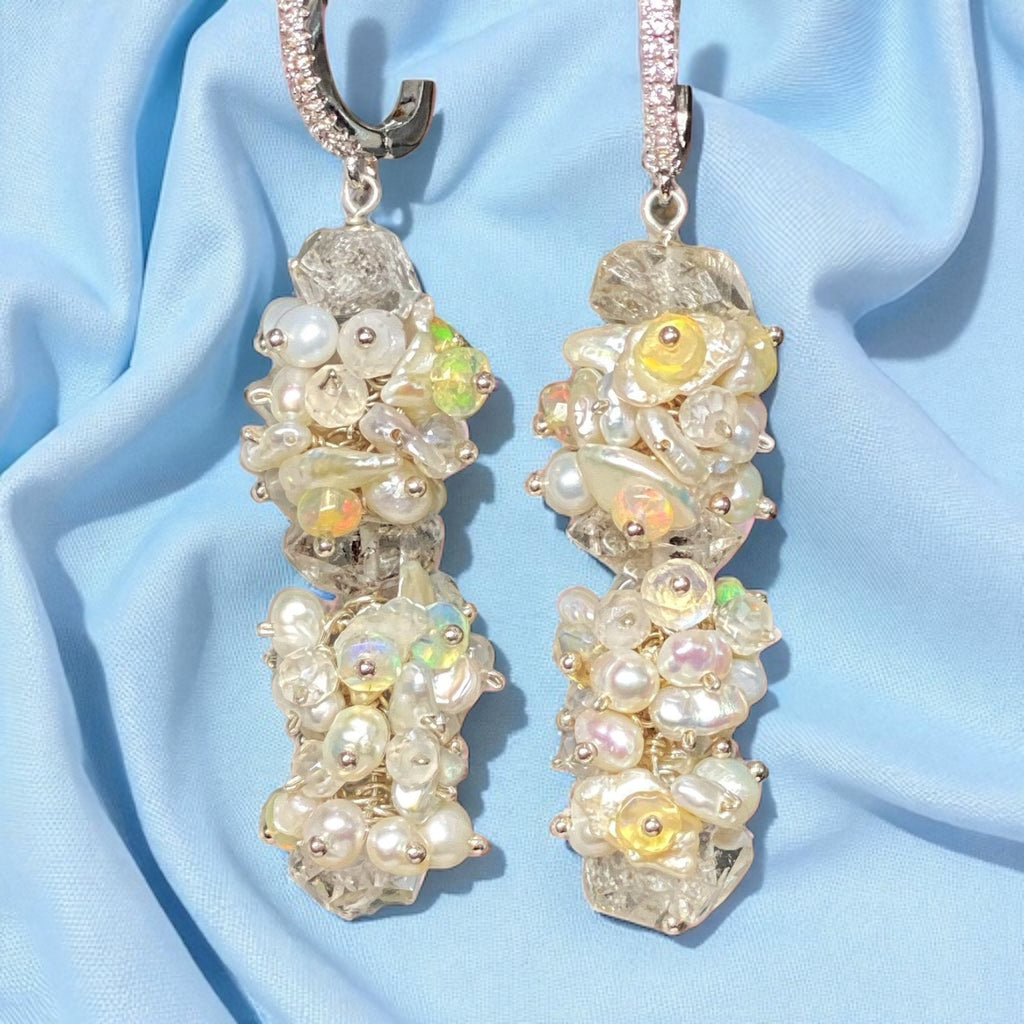 Herkimer Diamond Welo Ethiopian Opal Cluster Earrings Sterling Silver