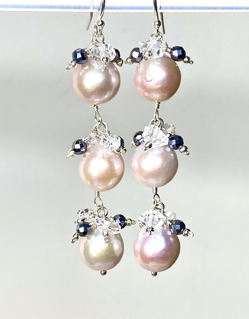 Long Blush Pearl Earrings with Sparkly Gems, Sterling Silver