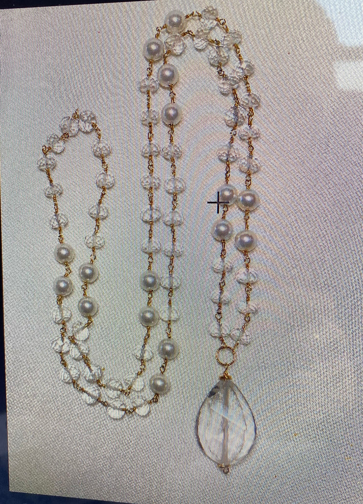 Crystal Quartz Pearl Necklace - Long Statement Wire Wrap Gold Plated