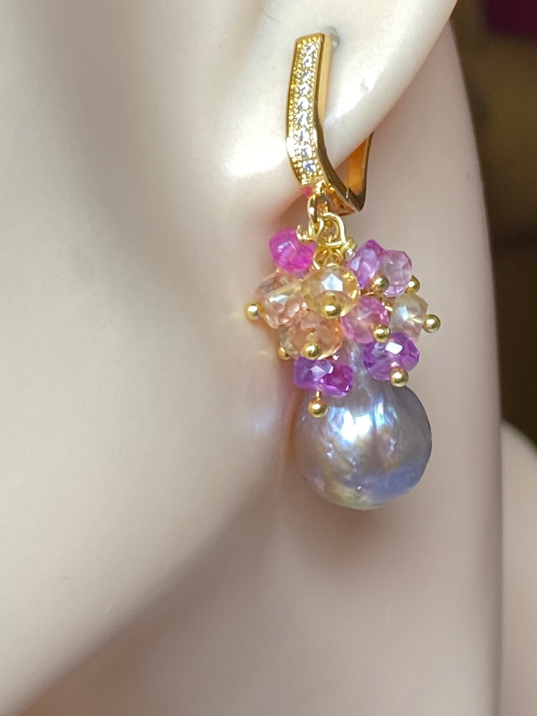 Baroque Flameball Gold Silver Pearl Earrings with Padparadscha Sapphire Clusters Gold Fill - Doolittle