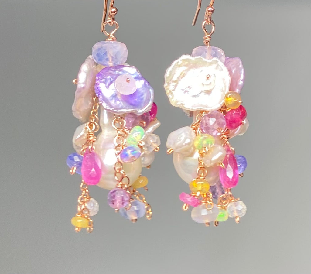 Flameball Pearl and Multicolor Gemstone Chain Dangle Earrings Rose Gold