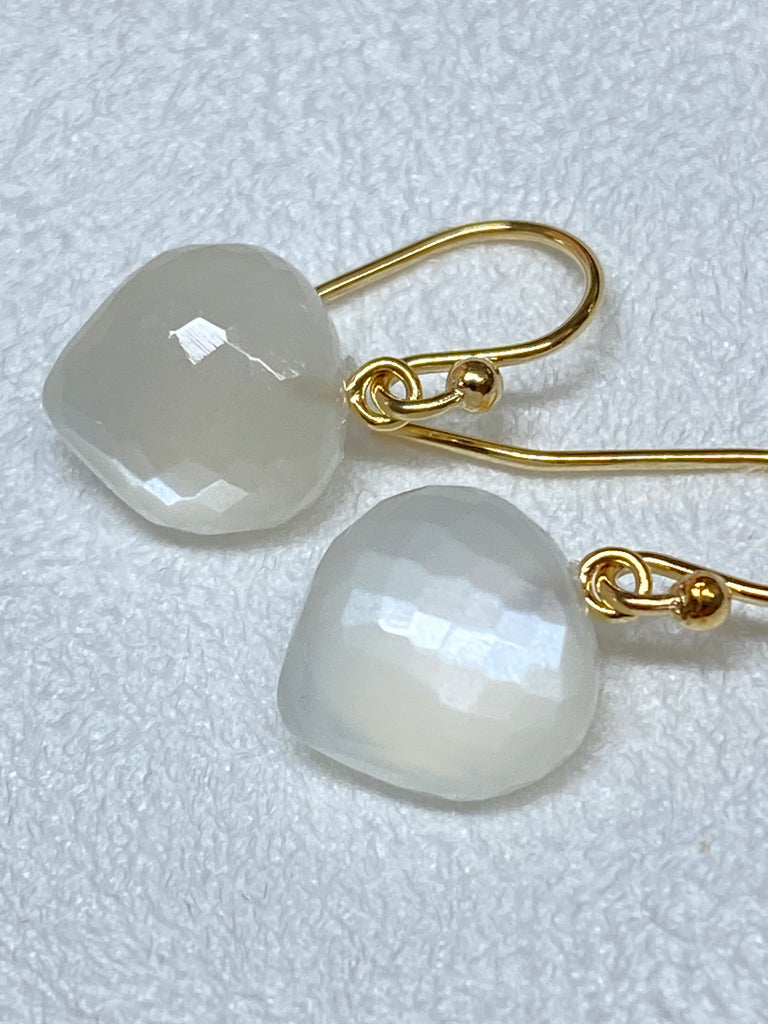 White Moonstone Gemstone Heart Dangle Earrings 14k Gold Fill