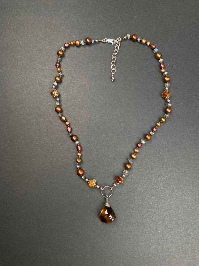 Cognac Quartz Silk Knot Pendant Necklace with Citrine, Labradorite, Pearl, Sterling Silver