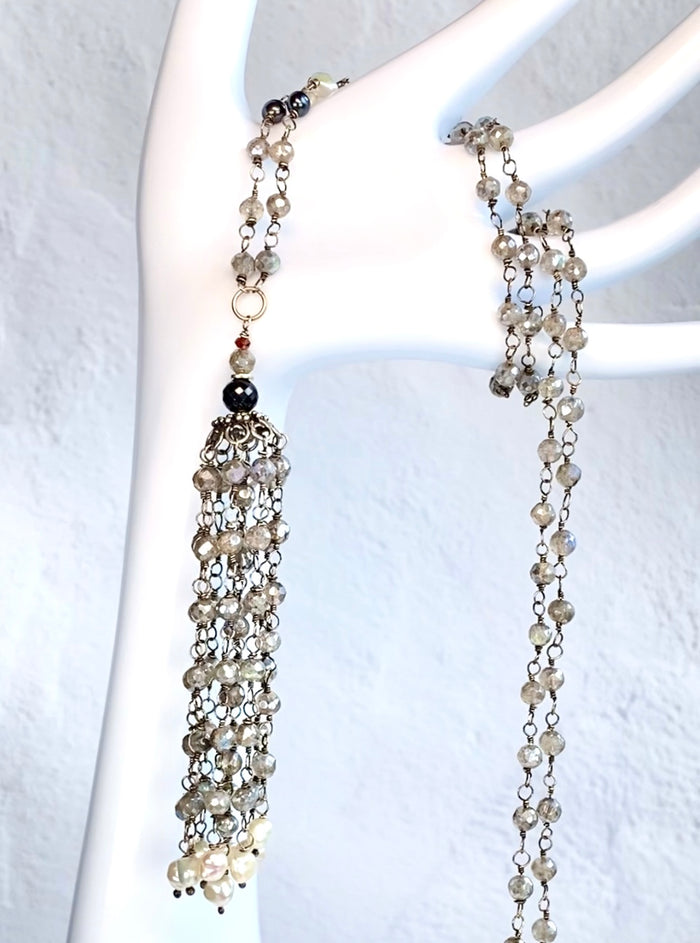 Labradorite Tassel Necklace Wire Wrapped Oxidized Sterling Silver