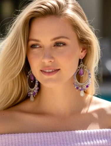 Blue Violet Chandelier Hoop Earrings Oxidized Silver — Iolite Labradorite Amethyst Ethiopian Opal - Doolittle