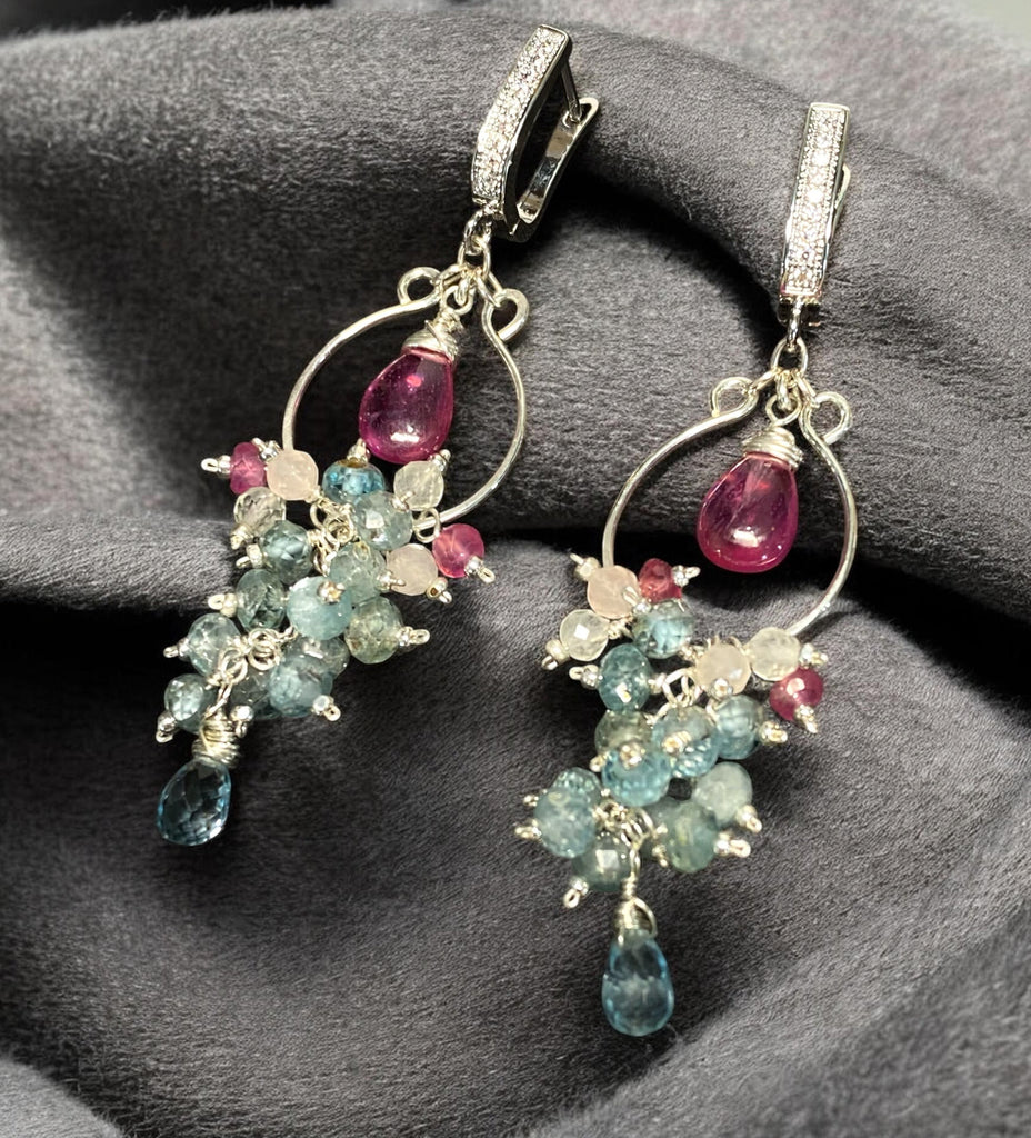 Blue Aquamarine, Natural Blue Zircon, Pink Sapphire Chandelier Hoop Earrings Sterling Silver - Doolittle