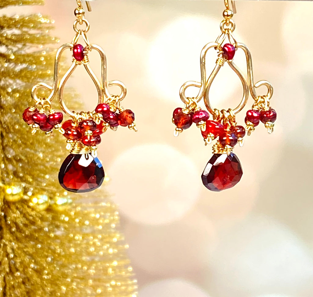 Red Garnet, Pearl & Opal Chandelier Earrings, 14k Gold Fill