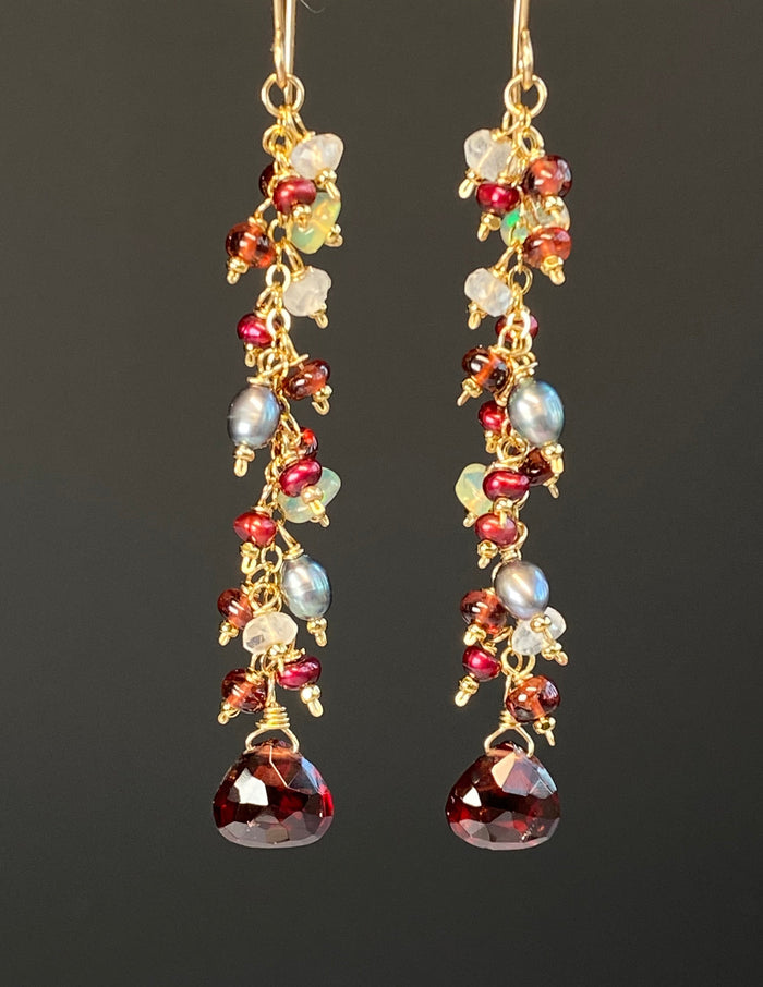 Red Garnet, Cranberry Pearl & Ethiopian Opal Long Dangle Earrings, Gold Fill - Doolittle