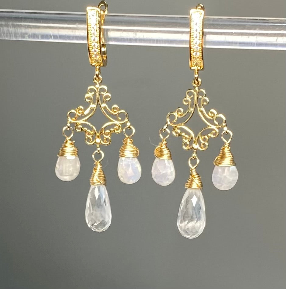 White Sapphire Crystal Quartz Gold Filigree Chandelier Earrings