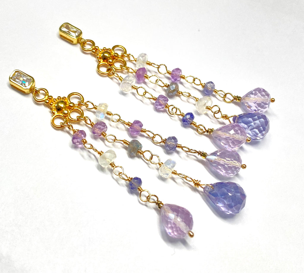 Blue Lavender Purple Gemstone Dangle Earrings, Tassel Style, Iolite, Amethyst, Moonstone, Gold Fill - Doolittle