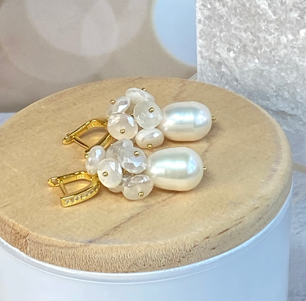 Baroque Pearl and Mystic Moonstone Gemstone Earrings Gold