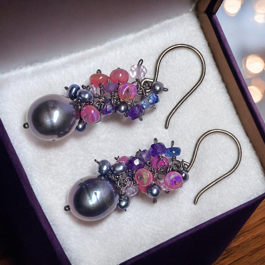 Peacock Pearl Cluster Earrings with Amethyst, Iolite and Pink Opals in Oxidized Sterling Silver