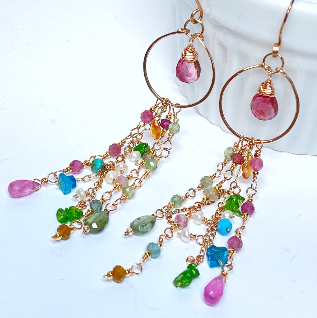 Pink Tourmaline Multicolor Gemstone Long Boho Dangle Earrings Rose Gold