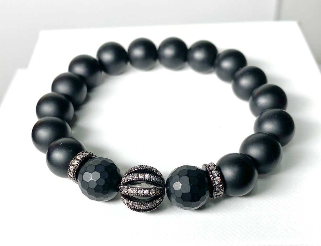 Black Onyx Stretch Bracelet with Black Pave CZ