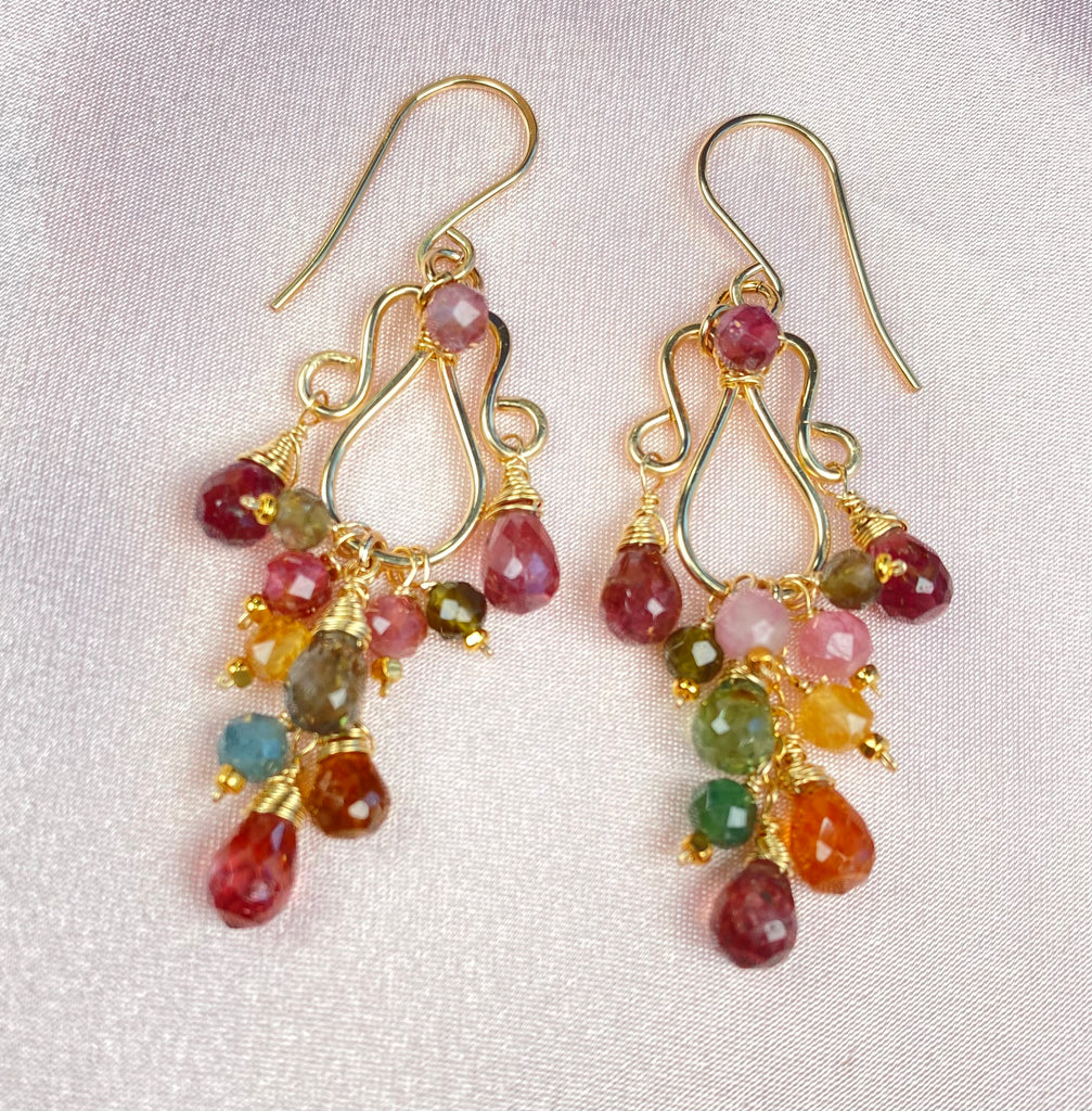 Autumn Tourmaline Chandelier Earrings — Pink, Olive & Honey, Gold Fill