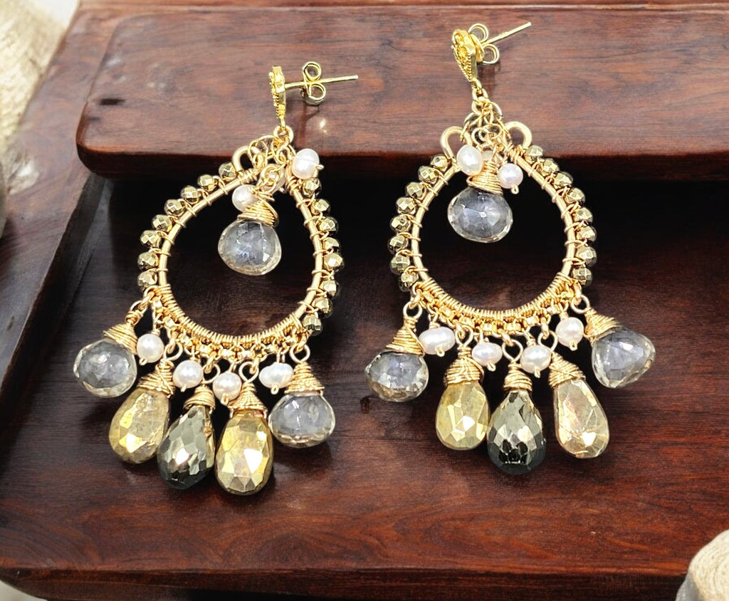 Gold Hoop Earrings with Pyrite, Gold Labradorite, Smokey Quartz Post Style