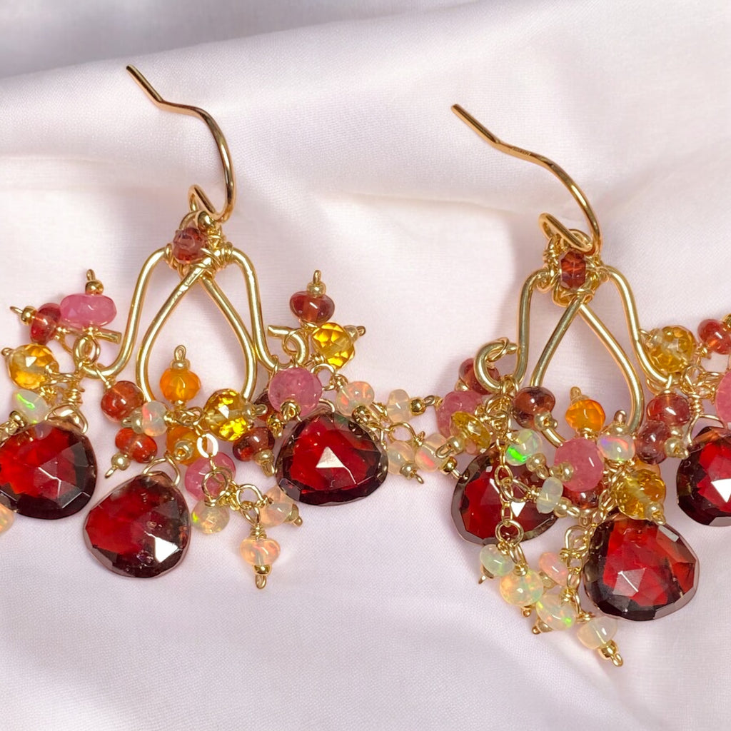 Red Garnet Chandelier Earrings Opal Dangle Gold Fill