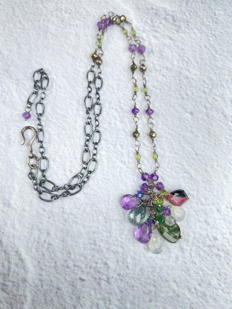 Tourmaline & Moonstone Rosary-Style Cluster Necklace, Oxidized Silver