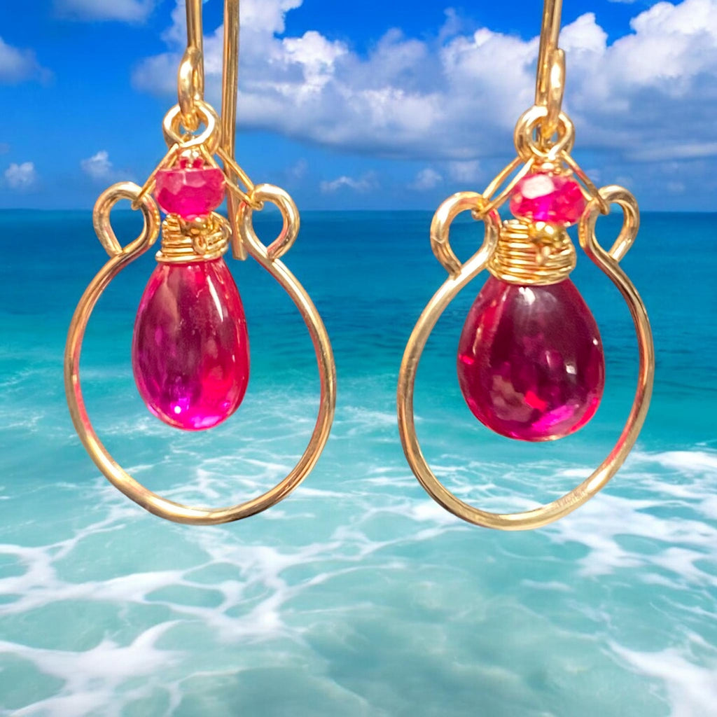 Rubellite Quartz and Ruby Gemstone Hoop Earrings Gold Fill - Doolittle