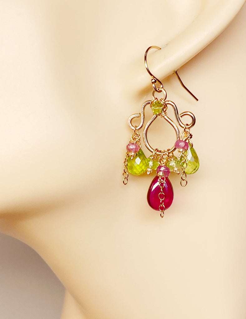 Rubellite and Peridot Rose Gold Chandelier Earrings - Pink and Green