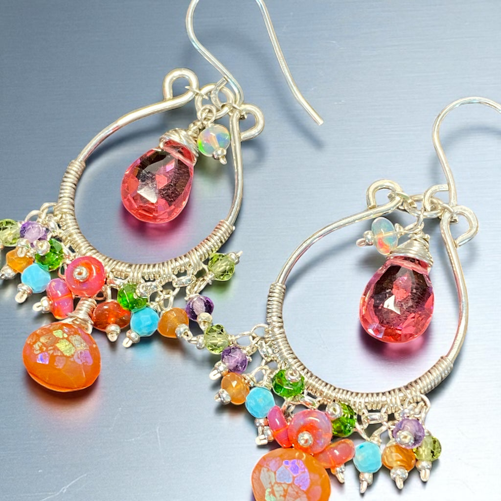 Pink, Orange, Multi Gemstone Sterling Silver Hoop Chandelier Earrings