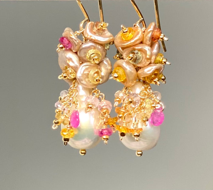 Baroque Flameball Pearl Earrings with Clusters of Sapphires and Keishi Pearls Gold Fill