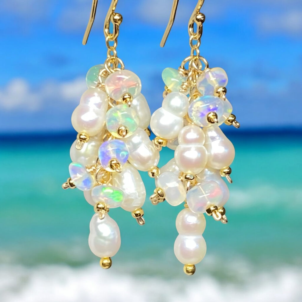 Pearl and White Ethiopian Opal Dangle Earrings Gold