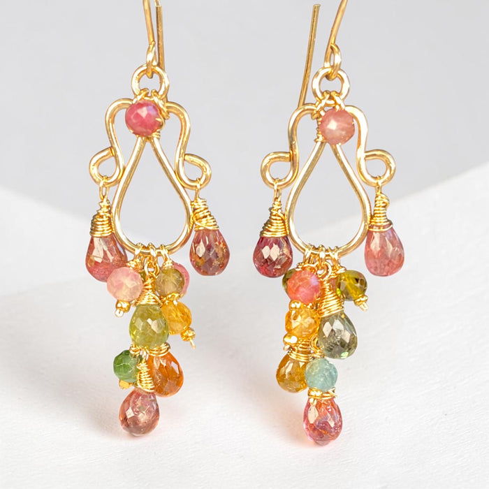 Autumn Tourmaline Chandelier Earrings — Pink, Olive & Honey, Gold Fill