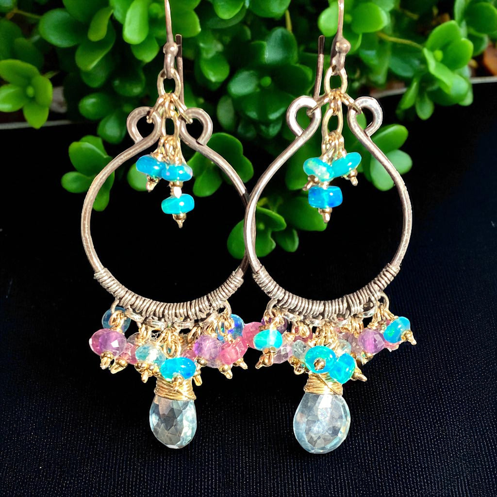 Oxidized Silver Hoop Chandelier Earrings, Aqua Opal, Pink Sapphire, Mixed Metals 1