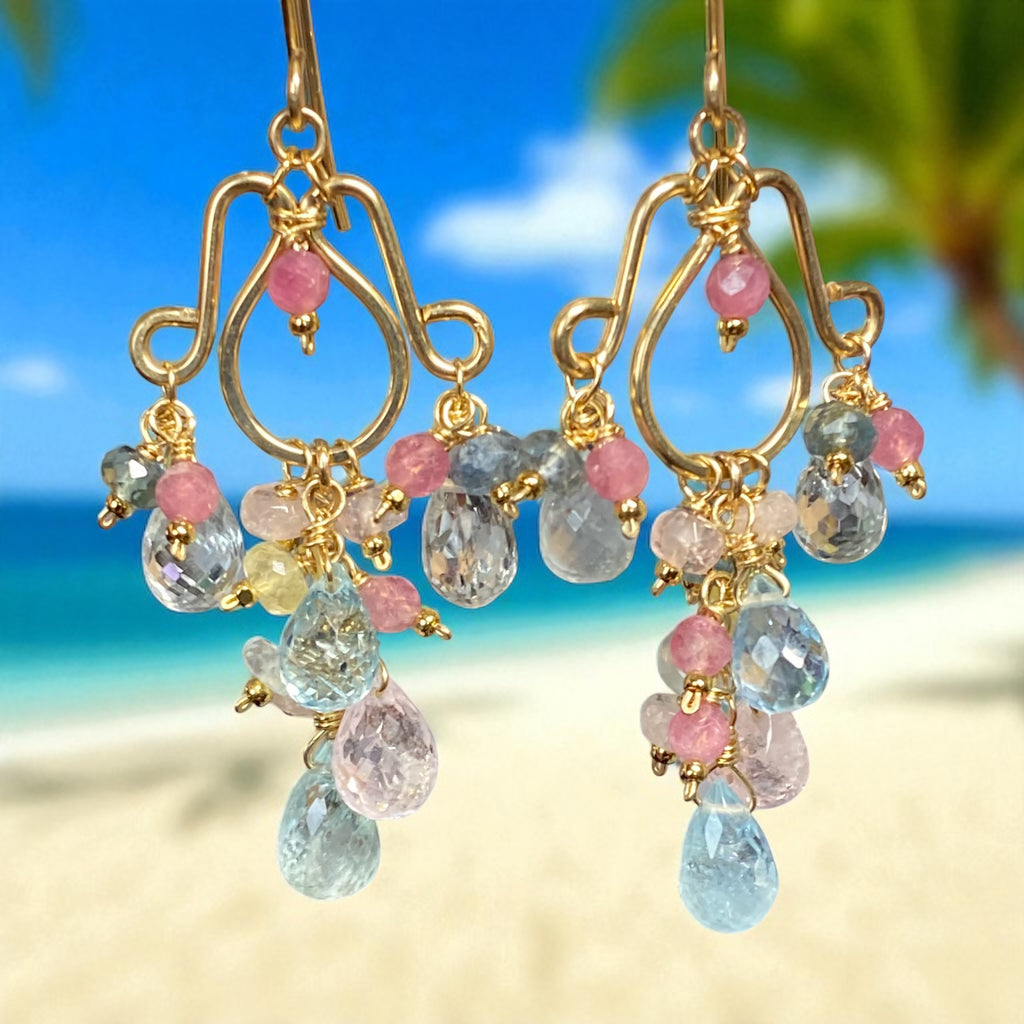 Gemstone Dangle Chandelier Earrings with Aquamarine in Gold Fill
