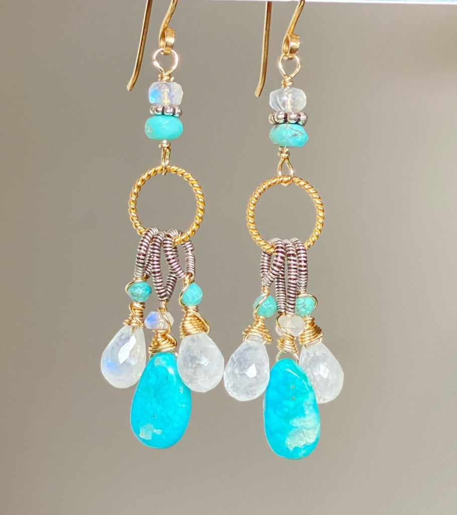 Kingman Turquoise, Rainbow Moonstone Dangle Earrings Mixed Metals, Handmade