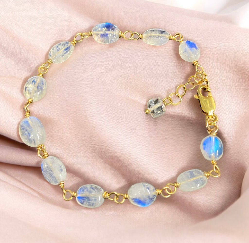 Rainbow Moonstone Wire Wrapped Bracelet, Gold Fill