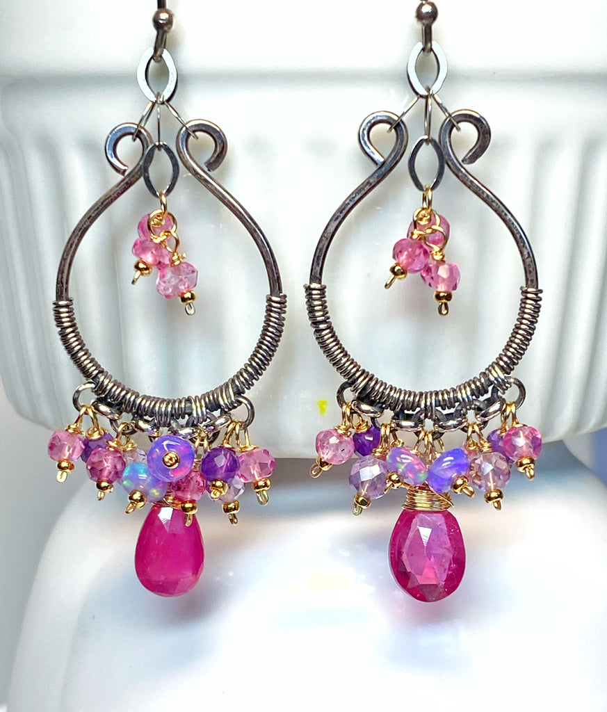 Oxidized Silver Hoop Chandelier Earrings, Pink Sapphire, Mixed Metals 2