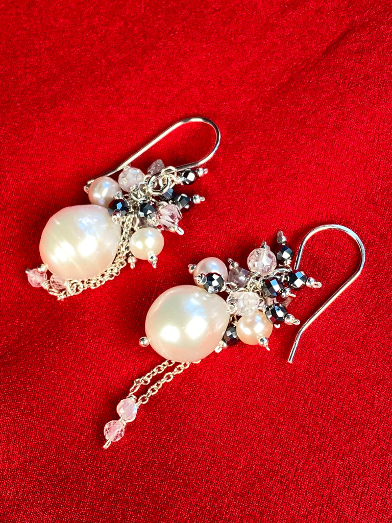 Ivory Pearl Cluster Earrings with Moonstone, Mystic Quartz & Herkimer Diamond