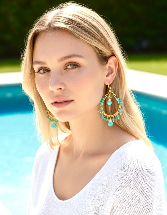 (Blonde model at pool): Turquoise hoop earrings on blonde model in white dress at resort pool - Sleeping Beauty gold fill