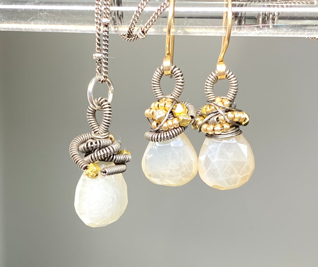 Mystic Ivory Chalcedony Mixed Metal Necklace Earrings Set