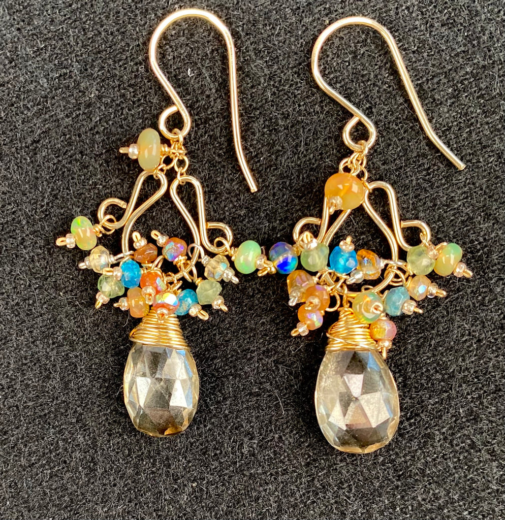 Mystic Smokey Quartz, Colorful Gemstones, Chandelier Earrings, 14k Gold Fill