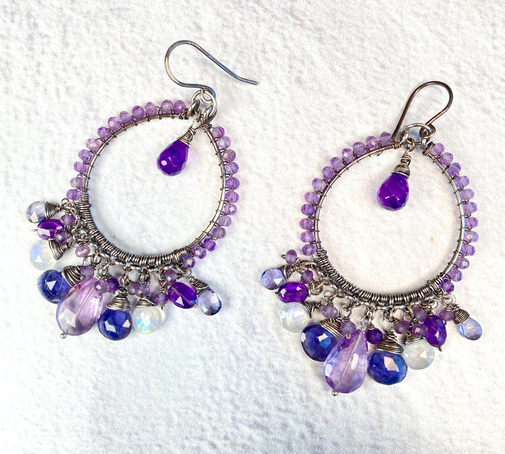 Lavender Amethyst and Blue Gemstone Chandelier Hoop Earrings in Oxidized Silver