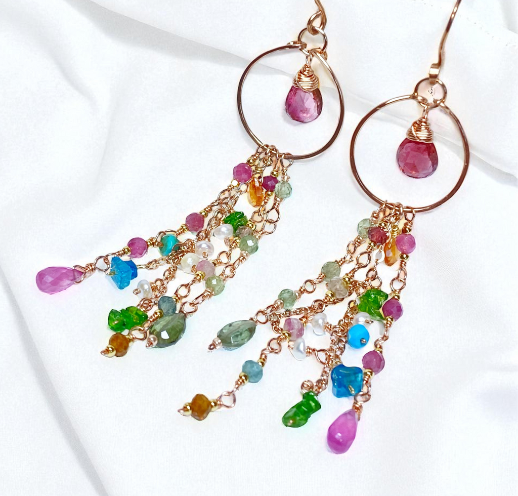 Pink Tourmaline Multicolor Gemstone Long Boho Dangle Earrings Rose Gold