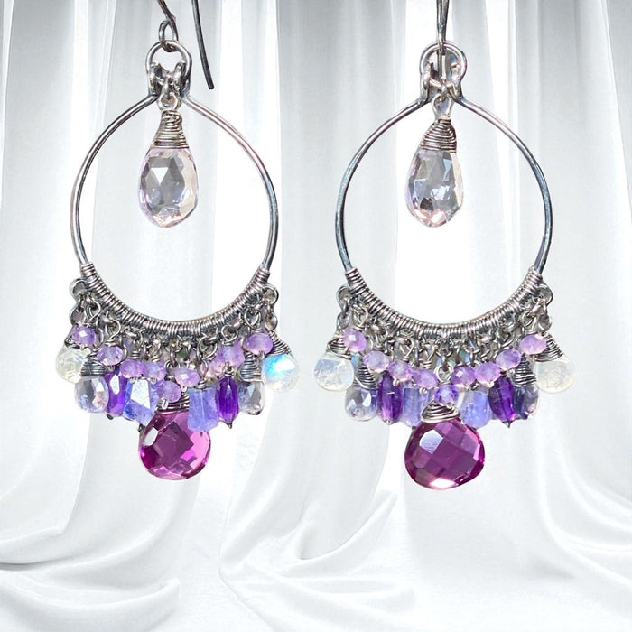 Blue Violet Statement Chandelier Hoop Earrings in Oxidized Sterling Silver