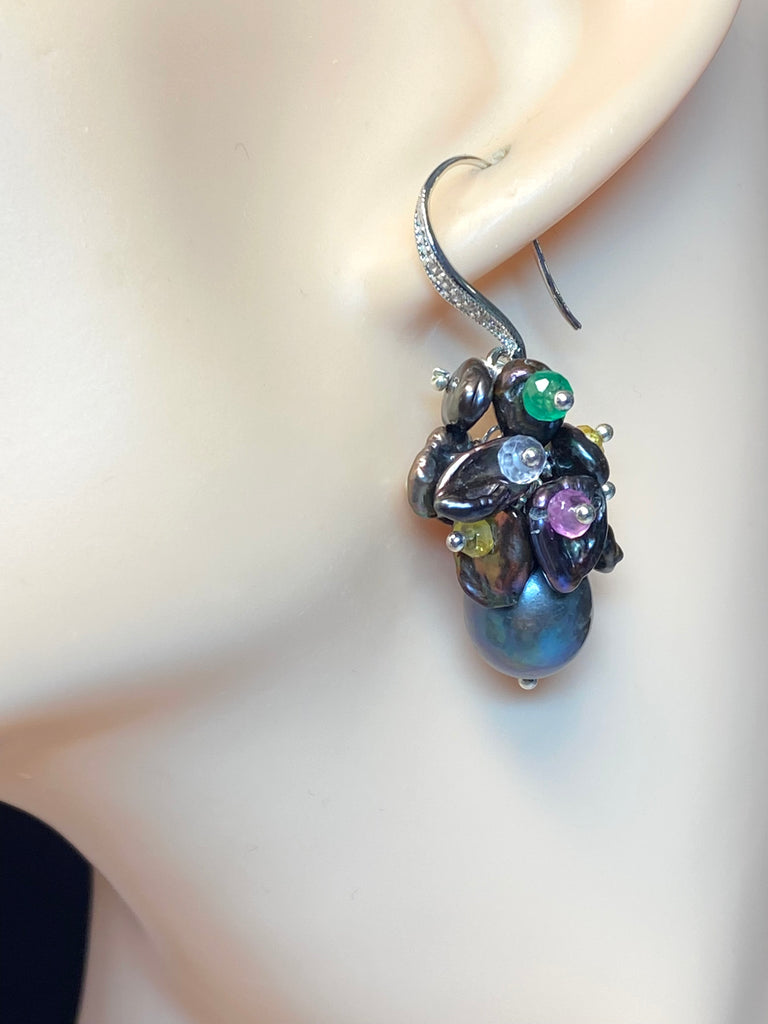 Black Pearl and Sapphire Cluster Wedding Earrings - Doolittle
