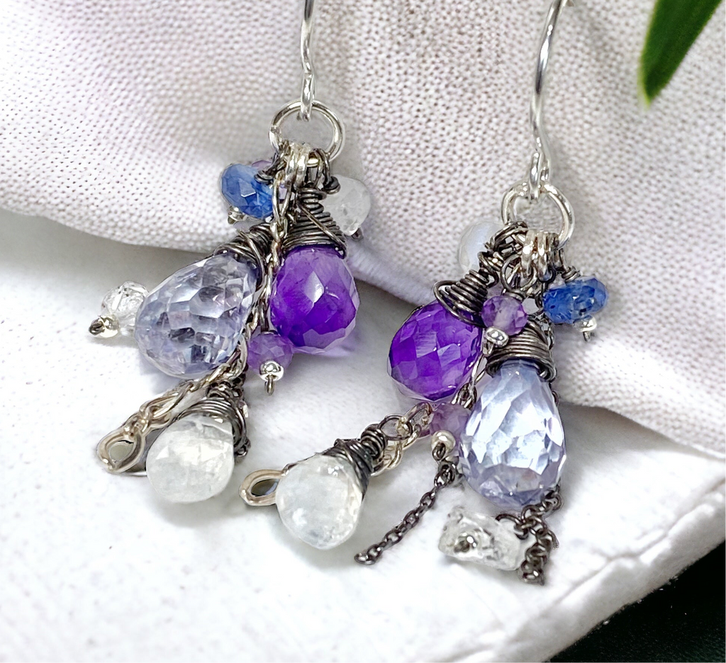 Blue Violet Boho Dangle Earrings Amethyst, Blue Denim Quartz, Oxidized Sterling Silver