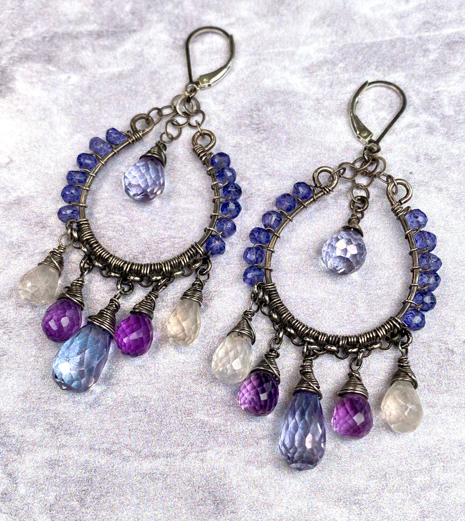 Blue Violet Gemstone Hoop Earrings — Moonstone & Amethyst, Oxidized Sterling Silver