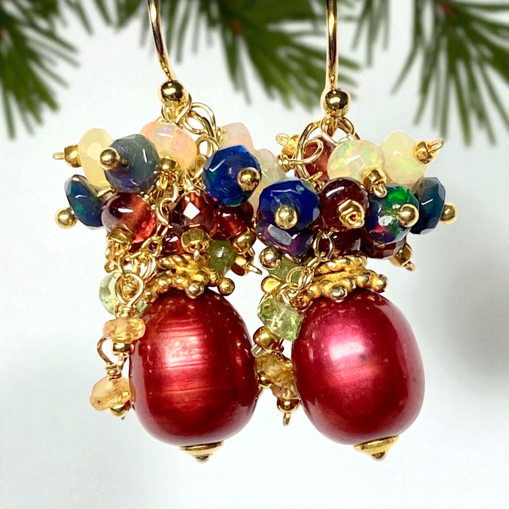Red Pearl, Opal and Garnet Cluster Earrings Gold Fill 2