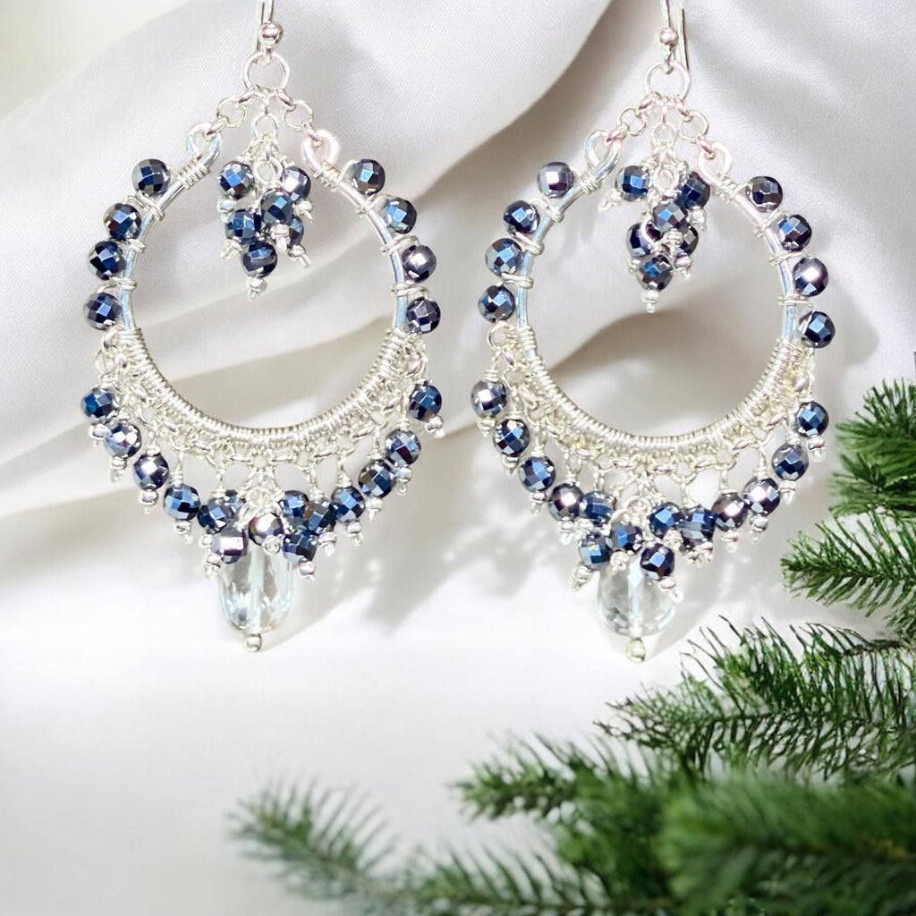 Black Gemstone Chandelier Hoop Earrings Sterling Silver 2