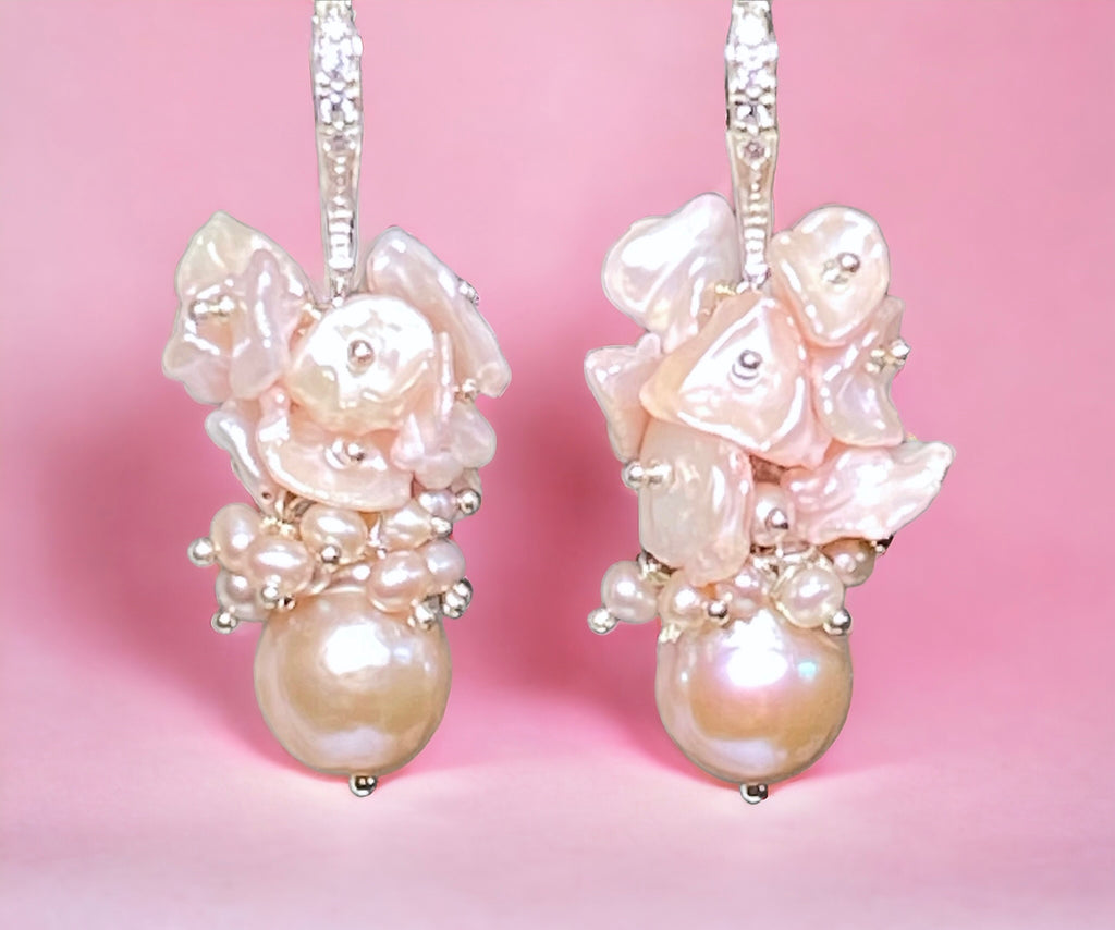 Pink Pearl Cluster Earrings, Blush Pink Keishi Pearls