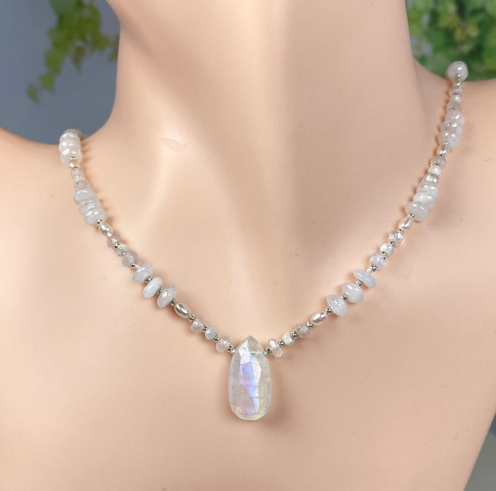 Moonstone, Pearl Pendant Necklace Sterling Silver