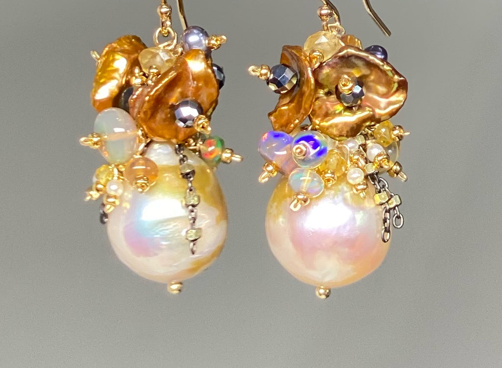 Pond Slime Gold White Pearl Earrings with Black Opals Golden Keishi Pearl Clusters