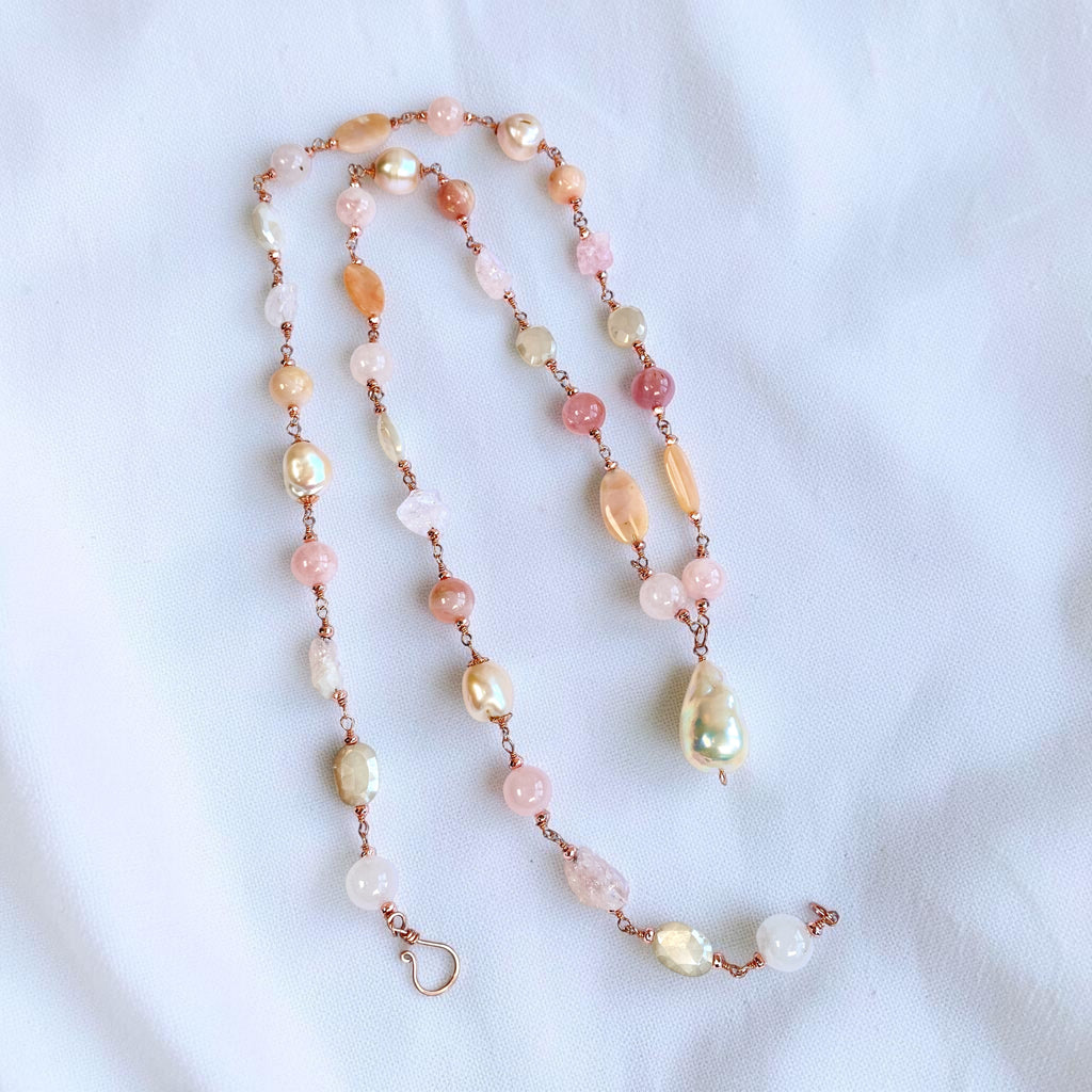 Pink Blush Pearl and Gemstone Long Pendant Necklace Rose Gold Fill Wire Wrap