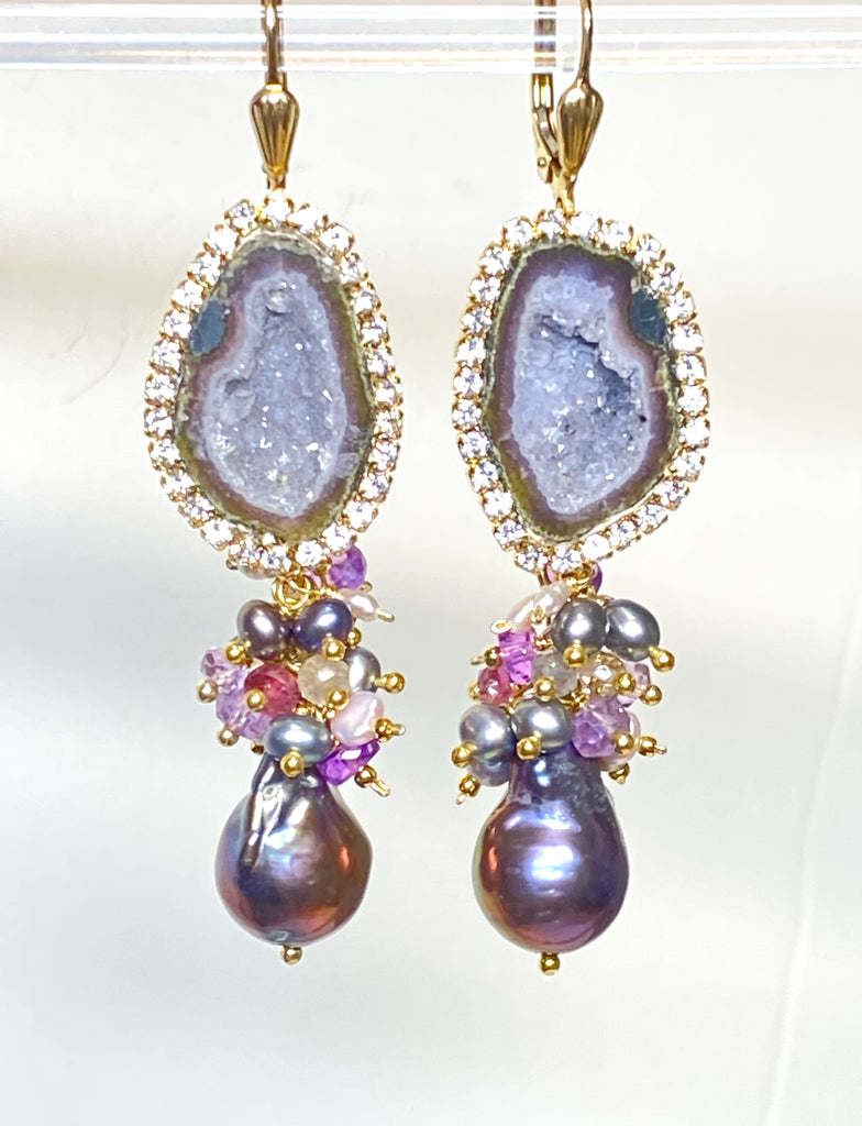Grey Tabasco Geode and Baroque Pearl Cluster Dangle Earrings - Pink, Plum, Grey